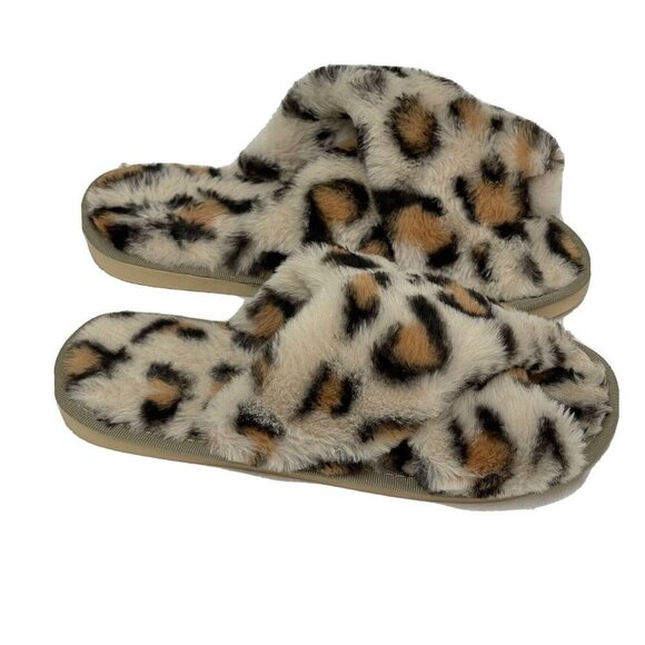 Unbranded Shoes - Womens Cross Band Fuzzy Slippers Open Toe Comfy Soft Plush Rubber Sole Leopard